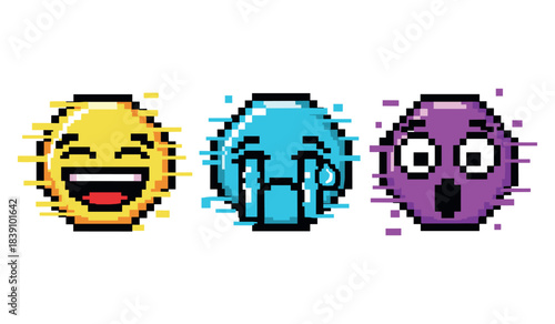 Pixel art emojis: happy, crying, and surprised faces in retro style