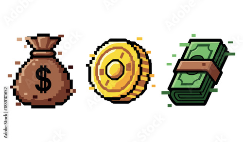 Pixel art money icons: coin, cash stack, dollar bag in retro style