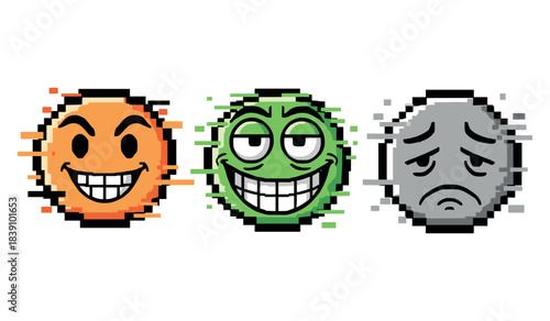 Set of pixelated emoticons with different expressions: happy, mischievous, sad