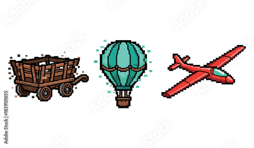 Pixel art: cart, hot air balloon, and red airplane - vintage and modern transport icons