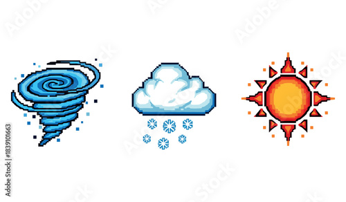 Pixel art weather icons: tornado, snowy cloud, and sun