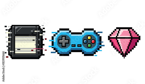 Retro pixel art: floppy disk, game controller, pink gem in 8-bit style