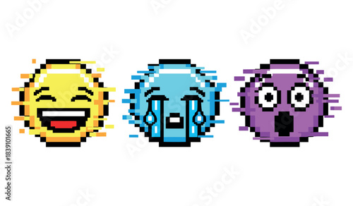 Pixel art emojis: laughing, crying, surprised faces in motion