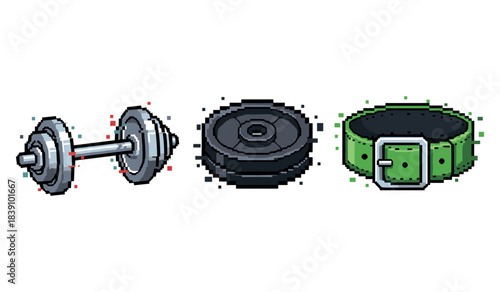 Pixel art dumbbell, weight plates, and green belt in retro style
