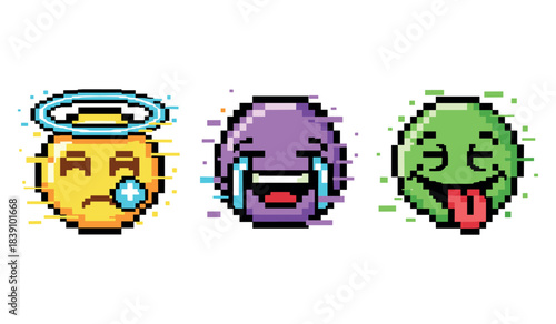 Colorful pixel art emojis: angelic, hysterical, playful expressions