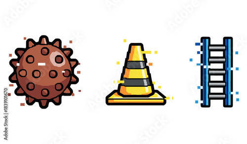 Virus symbol, traffic cone, and ladder icons on white background