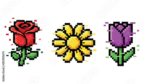 Colorful pixel art flowers: rose, daisy, tulip on white background