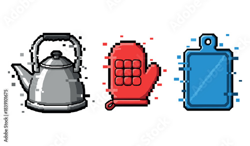 Pixelated kitchen items: teapot, oven mitt, cutting board in retro style