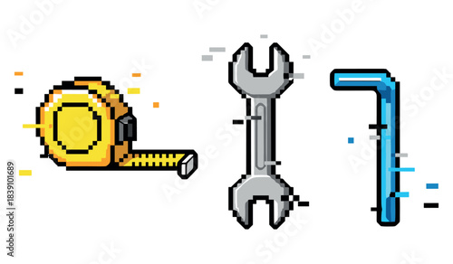 Pixel art tools: tape measure, wrench, hex key in vibrant colors