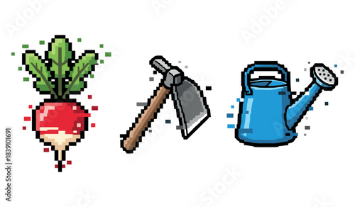Pixel art vegetables: radish, hoe, and watering can for gardening