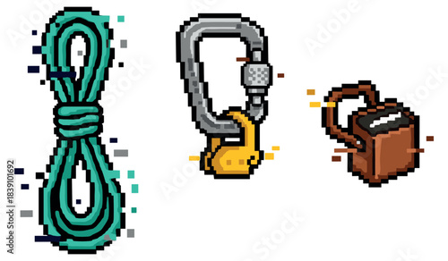 Pixel art climbing equipment: rope, carabiner, backpack depiction