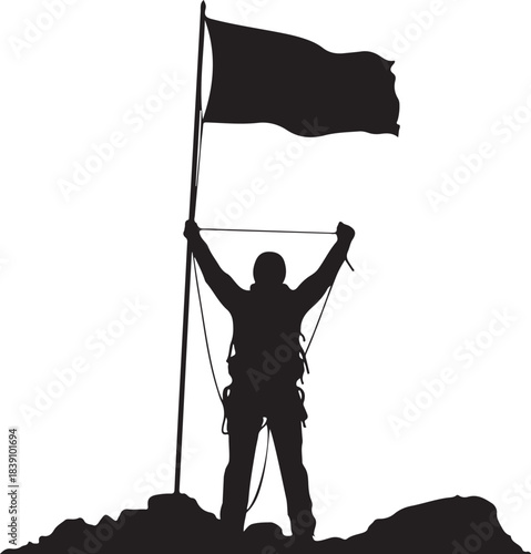 Silhouette of climber planting flag on mountain peak Keywords: climber, silhouette, flag