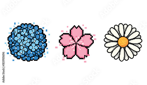 Pixel art trio: blue hydrangea, pink sakura, white daisy on white background