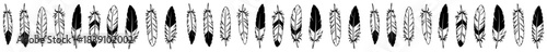 Hand drawn boho feather border divider set with tribal bird plumage design