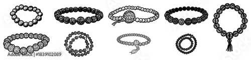 Set of hand drawn prayer beads bracelets vector illustration collection of wooden rosary or mala accessories in engraving style