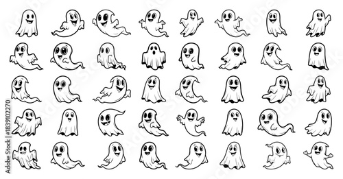Big Set of Cute Cartoon Ghosts Halloween Vector Illustration Collection of Funny Spooky Characters for Coloring Page