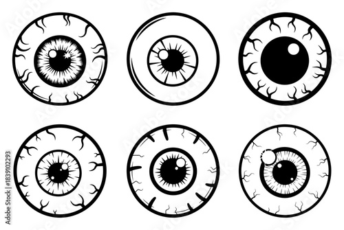 Scary Halloween Eyeballs with Veins Vector Illustration Set of Spooky Staring Eyes for Horror Design