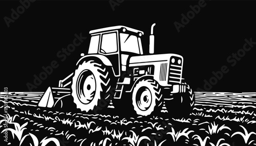 The black and white silhouette of a farm tractor in a field is a rural theme and labor. Great for agricultural projects, packaging and promotional materials. EPS.