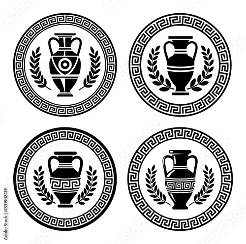 Ancient greek amphora vase round emblem set vector illustration of clay pottery with olive branches and meander pattern