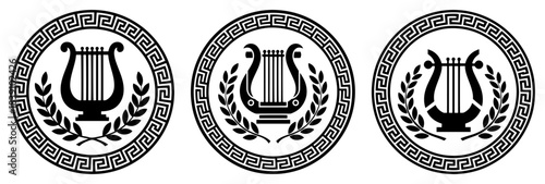 Ancient Greek Lyre Musical Instrument Symbol in Circular Meander Border with Laurel Wreath Vector Emblem Set