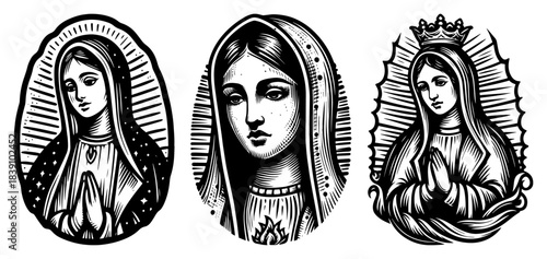Virgin Mary Woodcut Portraits Set of Catholic Religious Icons in Vintage Engraving Style