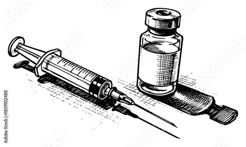Medical Syringe and Vaccine Vial Sketch Vintage Woodcut Vector Illustration of Injection