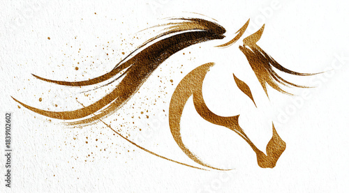 Drawing of a golden horse's head on a white background. The concept of the Chinese new year of the horse.