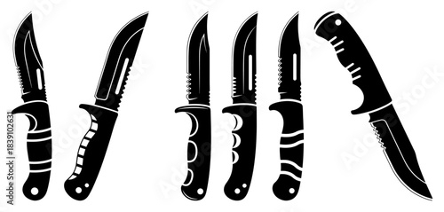 Hunting knife silhouette set vector illustration collection of military or survival weapon icons