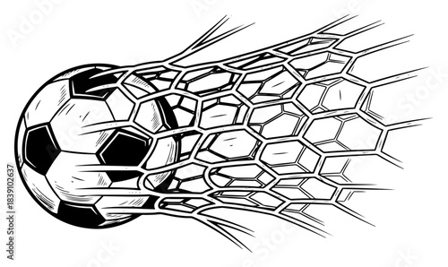 Dynamic Soccer Ball Hitting Goal Net Vector Sketch Illustration of Powerful Scoring Moment