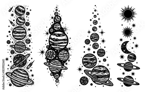 Vertical Cosmic Space Composition with Planets Stars and Moon Woodcut Tattoo Style Vector Illustration