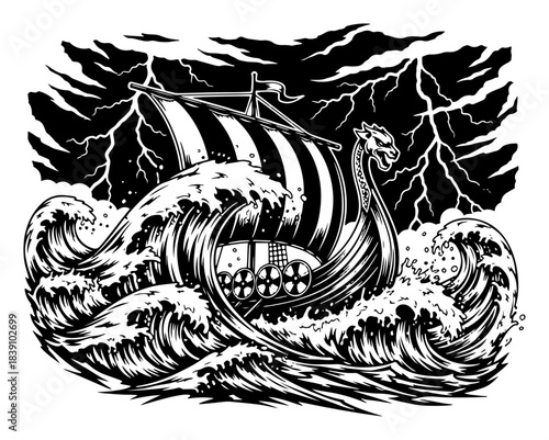 Viking drakkar ship sailing in stormy sea with lightning and big waves vector illustration of nordic warrior boat in vintage woodcut style