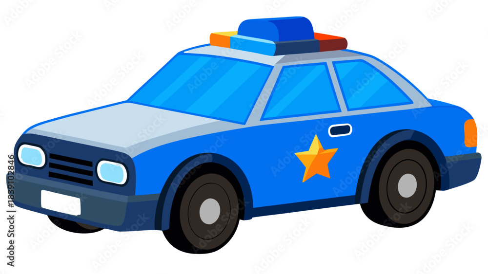 Fototapeta premium Blue Police Car Vector Illustration with Siren and Star Badge