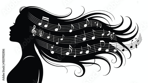Abstract silhouette of woman's head with long flowing hair transforming into musical notes and staves on clean white background representing inner music and creative expression