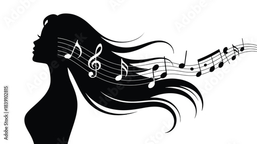 Silhouette of woman head with musical notes and clefs flowing in her hair representing music inspiration creativity and artistic expression vector illustration