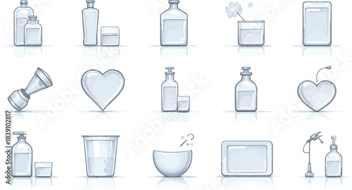 set of cosmetic bottles and glasses