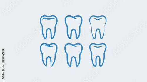 Six stylized human molar teeth icons arranged in two rows on light blue-grey background depicting dental health and hygiene concepts with clean simplified design