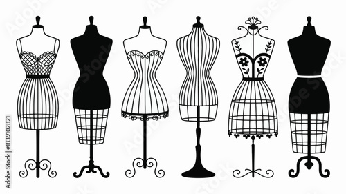 Set of six female dress forms and wire mannequins for fashion design tailoring and garment display collection of different styles vector illustration