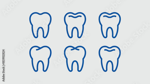 Six blue line art teeth icons with varying degrees of dental fillings on white background, illustrating different levels of dental care and oral health concepts