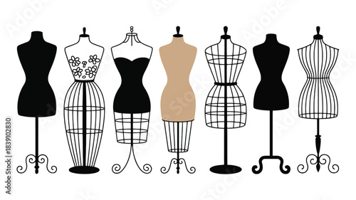 Set of seven female dress forms and wire mannequins with various shapes and details for fashion design and clothing presentation vector illustration