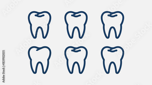 Six stylized human molar teeth icons arranged in two rows on light grey background depicting dental health and hygiene concepts with clean simplified design