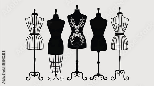 Collection of five elegant black female dress forms and wire mannequins with intricate details for fashion boutique display vector illustration