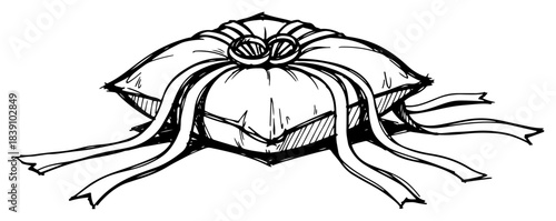 Wedding Rings on Ceremonial Pillow with Ribbons Hand Drawn Sketch Vector Illustration
