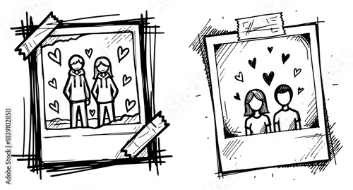 Hand Drawn Instant Photo Frames with Couples Vector Sketch of Romantic Polaroid Style Pictures Taped on Wall