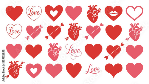 Various red and pink hearts love icons with arrows anatomical hearts and word love vector set isolated on white background for valentine's day