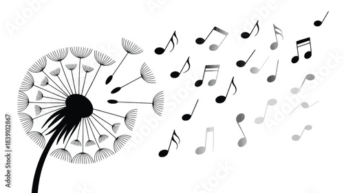 Abstract dandelion dispersing musical notes into breeze vector illustration isolated on white background representing freedom music and nature