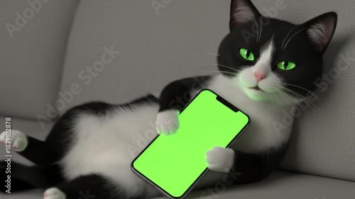 Cute 3D Cat Holding Smartphone – Funny Relaxing Cartoon Cat with Green Screen Phone Mockup