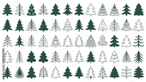 Extensive collection of christmas tree doodles and stylized drawings, various holiday season conifer shapes in green and white, outline and solid fill, isolated vector icons on white background