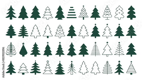 Set of christmas trees collection isolated on white background pine tree silhouettes in different styles and shapes with star icon set of various modern christmas trees new year eve celebration sign