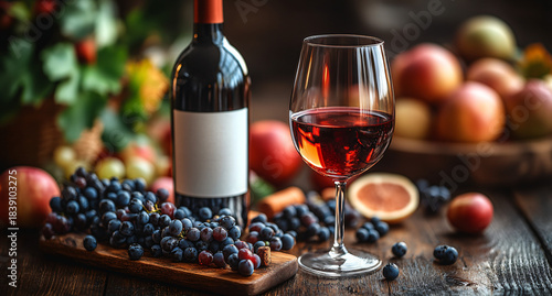 Close-up of Wine Glass and Red Grapes with Golden Light and Vineyard Bokeh in Background