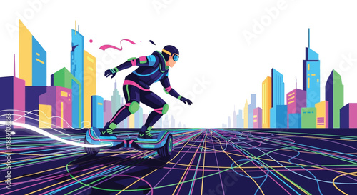 Futuristic hoverboard rider speeding through a vibrant cityscape a modern concept.